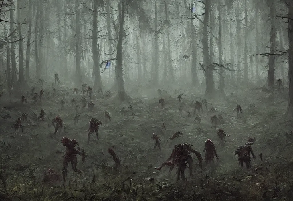 Image similar to zombies in a dense forest, artstation, jakub rozalski, high detail, dramatic lighting, night, rain