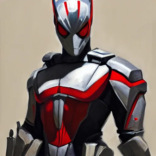 Image similar to greg manchess portrait painting of armored spiderman ultraman grey fox from metal gear cyborg japanese - american hybrid as overwatch character, medium shot, asymmetrical, profile picture, organic painting, sunny day, matte painting, bold shapes, hard edges, street art, trending on artstation, by huang guangjian and ail elvgren and sachin teng