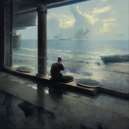 Image similar to patrick maritime meditates, hyperrealism, no blur, 4 k resolution, ultra detailed, style of ron cobb, adolf hiremy - hirschl, ismail inceoglu, rene margitte