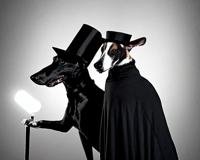 Image similar to greyhound wearing a black cloak and a top hat, under a spotlight, magician dog performing on stage