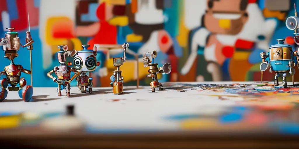 Image similar to closeup portrait of tin toy retro robots painters mixing gouache on white paper table in an artist workshop, depth of field, zeiss lens, detailed, centered, fashion photoshoot, by nicoletta ceccoli, mark ryden, lostfish, breathtaking, 8 k resolution, extremely detailed, beautiful, establishing shot, artistic, hyperrealistic, octane render