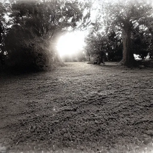 Prompt: a bright light covering the sky, dirt ground, dust, taken on a ww 2 camera, very high bloom ammount, realistic.