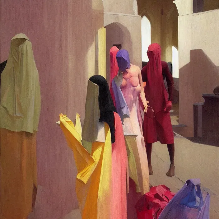 Prompt: colorful women hugging with a paper bag over the head, dressed in plastic bags, inside cathedral, highly detailed, artstation, art by , edward hopper, zdislav beksinski, wayne barlowe