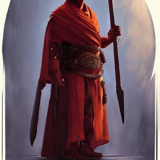 Image similar to a portrait of a red - skinned dragonborn monk with draconic face, in a plain white monk's robe white robe, holding a long spear with a black tip, fantasy art by greg rutkowski