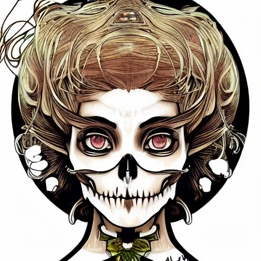 Prompt: manga skull portrait female girl with balloons profile skeleton illustration detailed style by Alphonse Mucha disney pop art nouveau