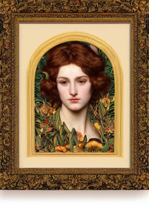 Image similar to masterpiece beautiful seductive flowing curves preraphaelite face portrait amongst leaves, extreme close up shot, straight bangs, thick set features, yellow ochre ornate medieval dress, laying amongst foliage mushroom forest circle arch, frederic leighton and kilian eng and rosetti and preraphaelites, william morris, framed, 4 k