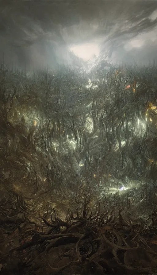 Image similar to a storm vortex made of many demonic eyes and teeth over a forest, by ruan jia