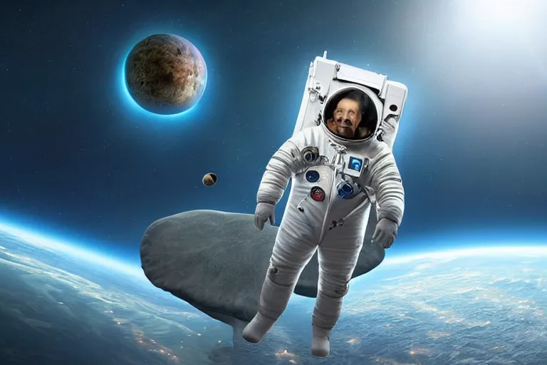 Image similar to still fullbody photo of sad albert einstein in spacesuit in space, flying island at background, flat earth on elephants and turtle at background, highly detailed, photorealistic shot, bright studio setting, studio lighting, crisp quality and light reflections, unreal engine 5 quality render