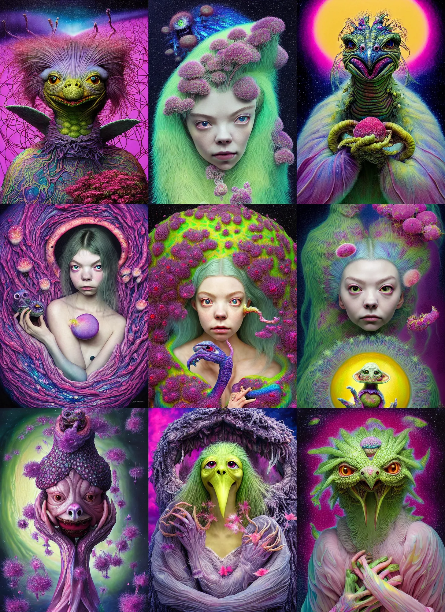 Image similar to hyper detailed 3d render like a Oil painting - kawaii portrait Aurora (a skeksis from dark crystal that looks like Anya Taylor-Joy) seen Eating of the Strangling network of yellowcake aerochrome and milky Fruit and His delicate Hands hold of gossamer polyp blossoms bring iridescent fungal flowers whose spores black the foolish stars by Jacek Yerka, Ilya Kuvshinov, Mariusz Lewandowski, Houdini algorithmic generative render, Abstract brush strokes, Masterpiece, Edward Hopper and James Gilleard, Zdzislaw Beksinski, Mark Ryden, Wolfgang Lettl, hints of Yayoi Kasuma, octane render, 8k