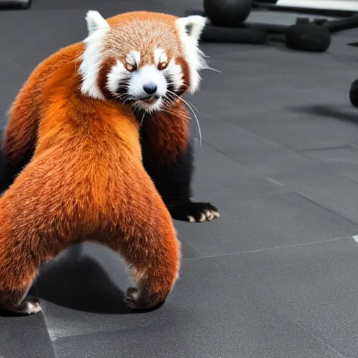 Prompt: red panda doing exercises in the gym
