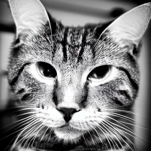 Prompt: chad cat looking like Ernest Khalimov, big chin, black and white filter, ultra hd, 8k