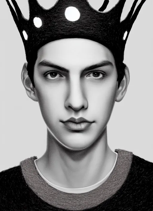 Image similar to portrait of teenage jughead jones wearing a light grey crown, photorealistic, crown made of felt fabric, crown, crown made of felt, black hair, intricate, elegant, highly detailed, digital painting, glowing lights, artstation, concept art, smooth, sharp focus, illustration, art by wlop, mars ravelo and greg rutkowski