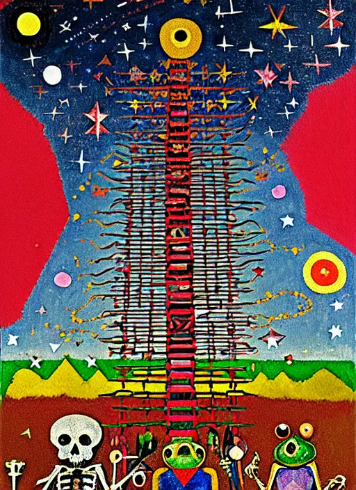 Image similar to pixel decollage painting tarot lovers card composition tower of babel road red armor maggot bear and wonky alien frog skeleton knight on a horse in a dark red cloudy night sky with golden foil jewish stars and diamonds, mountain lake and blossoming field in background, painted by Mark Rothko, Helen Frankenthaler, Danny Fox and Hilma af Klint, pixelated, neo expressionism, semi naive, pastel colors, cinematic, color field painting, cave painting, voxel, pop art look, outsider art, minimalistic. Bill Traylor painting, part by Philip Guston, Amano and Francis Bacon. art by Adrian Ghenie and Storm Thorgerson, very coherent symmetrical artwork, cinematic, hyper realism, high detail, octane render, unreal engine, Smooth gradients, depth of field, full body character drawing, extremely detailed, 8k, extreme detail, intricate detail, masterpiece