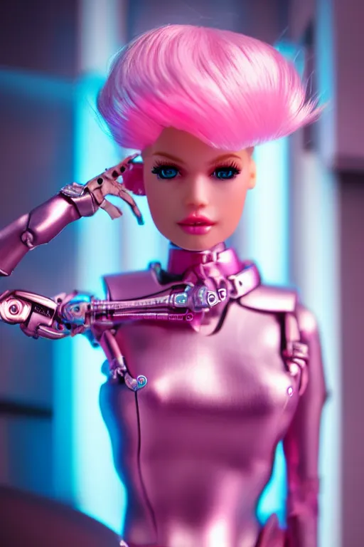 Image similar to cinematic, cinematic, full shot, realistic cyberpunk barbie, blond hair, barbie cyborg, perfect face, perfect body, plastic skin, mattel, pink chromium short dress, tron, hajime sorayama