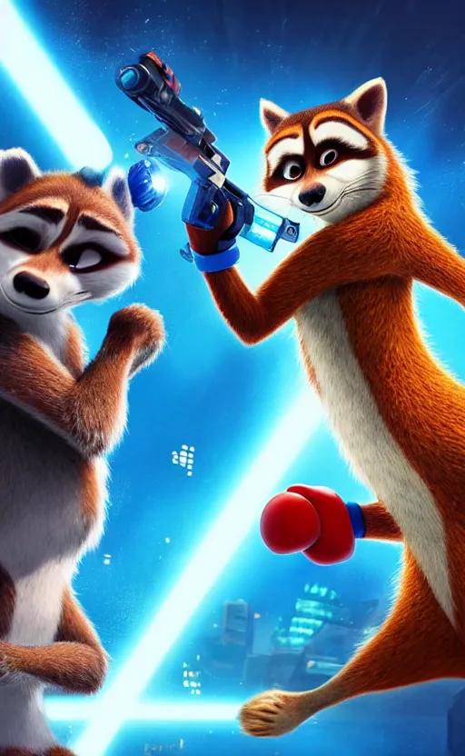 Image similar to “red racoon holding laser gun standing face to face off with blue racoon holding laser gun, boxing style face off, cinematic, dramatic in the style of zootopia”