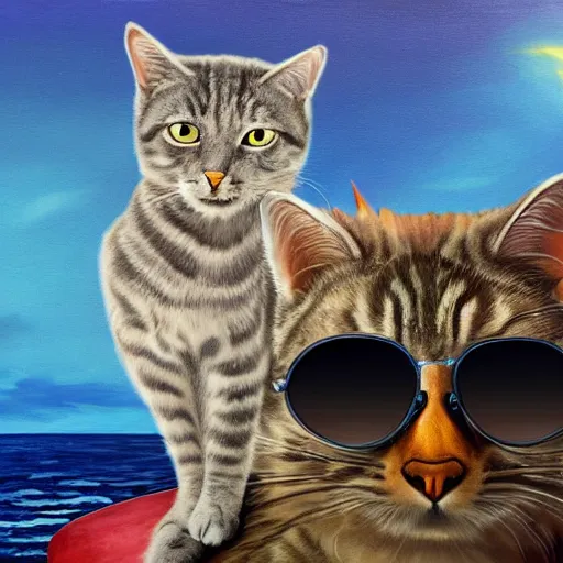 Prompt: anthropomorphic grey tabby cat with sunglasses riding surfboard with tropical landscape background detailed magical realism painting