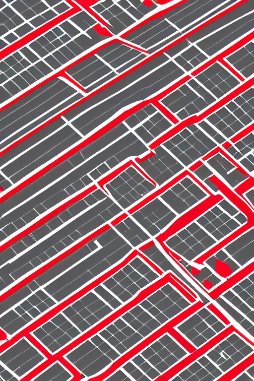 Prompt: drone perspective, aerial view, top down, grid city streets and road, in the style of dr. woo, mostly monochromatic, thin line, hong kong, schematic, blueprint, drawing, black : 3 0 %, red : 2 0 %, grey : 5 0 %, background neutral