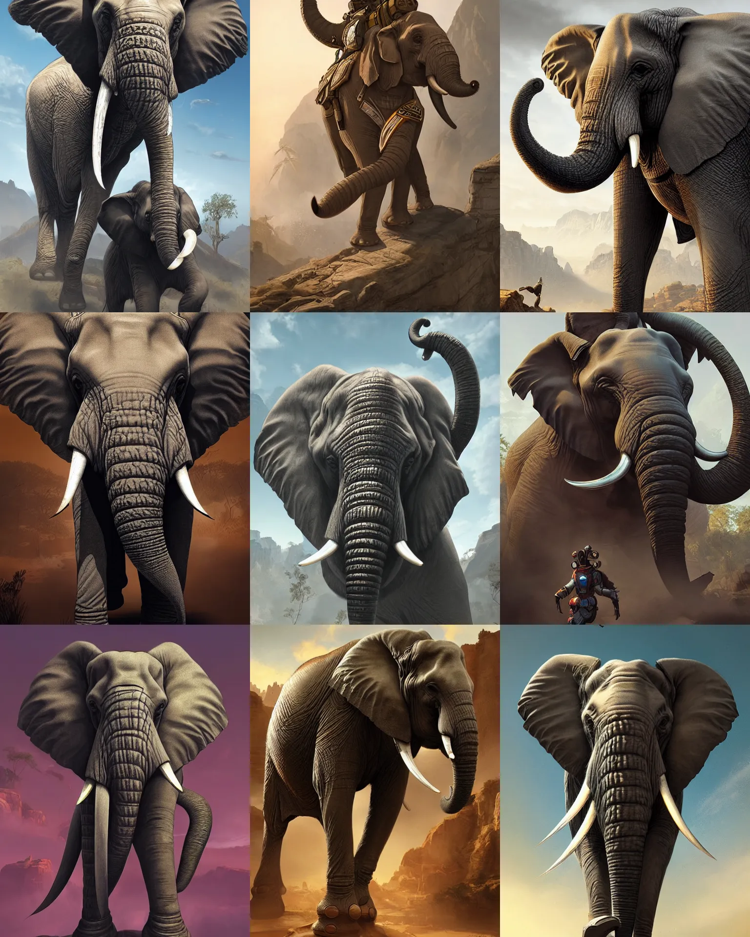 Prompt: elephant as an apex legends character digital illustration portrait design by, mark brooks and brad kunkle detailed, gorgeous lighting, wide angle action dynamic portrait