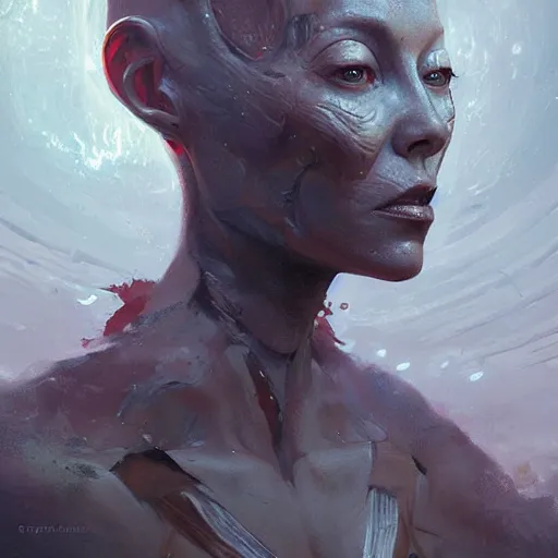 Prompt: portrait of an alien queen from 5th dimension, by Greg Rutkowski. Extremely detailed, digital art