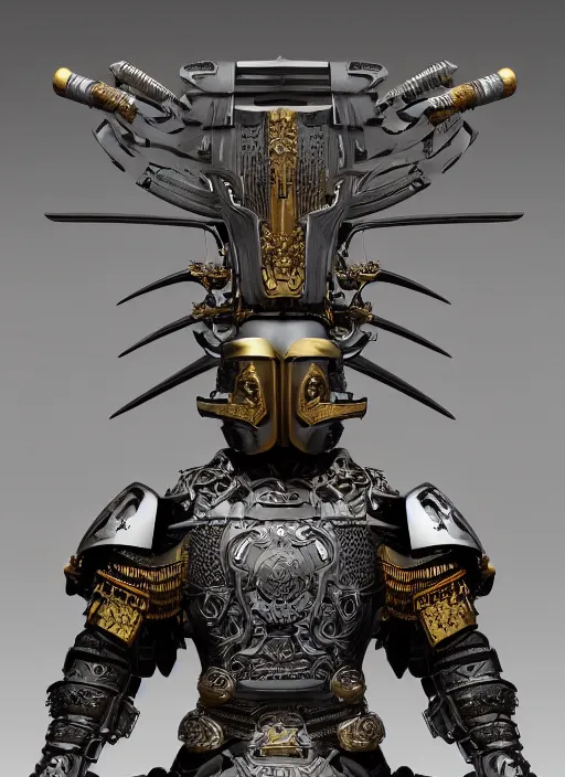 Image similar to hyper realistic glorious ancient samurai in a obsidian metal armor, futuristic design, designed by makoto kobayashi and luca zampriolo, portrait, cyberpunk style, wood and gold details, intricate, extremely detailed, ornate, deep of field, hard surface, exoskeleton, substance designer metal unreal engine. amazing likeness. very detailed.