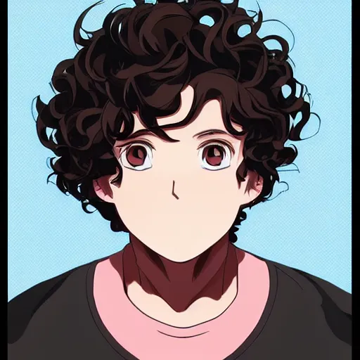 Prompt: An anime portrait of a mid-sized anime man with extremely short curly brown hair, chubby face, slight happy smirk, pink lips, brown eyes, without glasses, wearing a t-shirt, his whole head fits in the frame, solid background, by Stanley Artgerm Lau, WLOP, Rossdraws, James Jean, Andrei Riabovitchev, Marc Simonetti, and Sakimi chan, trending on artstation