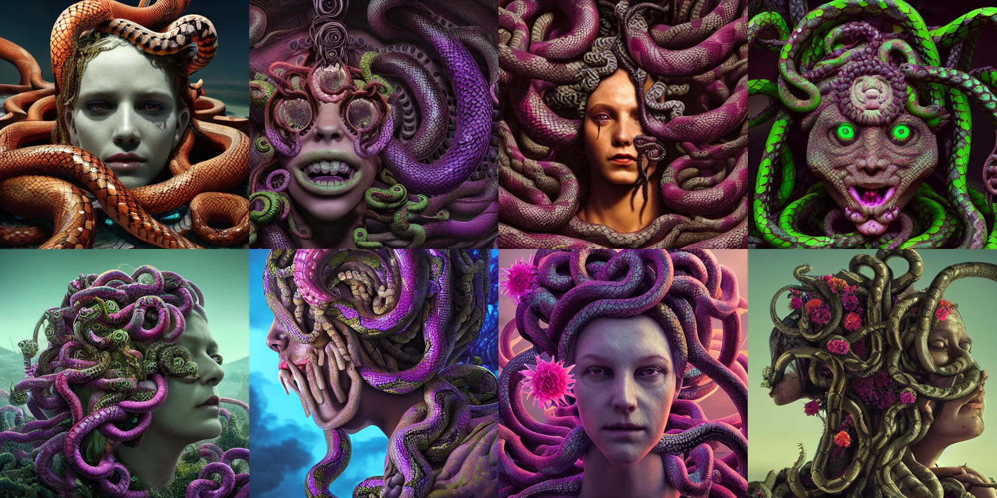 Image similar to creepy medusa gorgon gaze head, highly detailed snakes, beautiful flowers, beautiful dark creepy landscape, in the style of beeple and mike winkelmann, intricate, epic lighting, cinematic composition, hyper realistic, 8 k resolution, unreal engine 5, raytracing, ultraviolet colors,