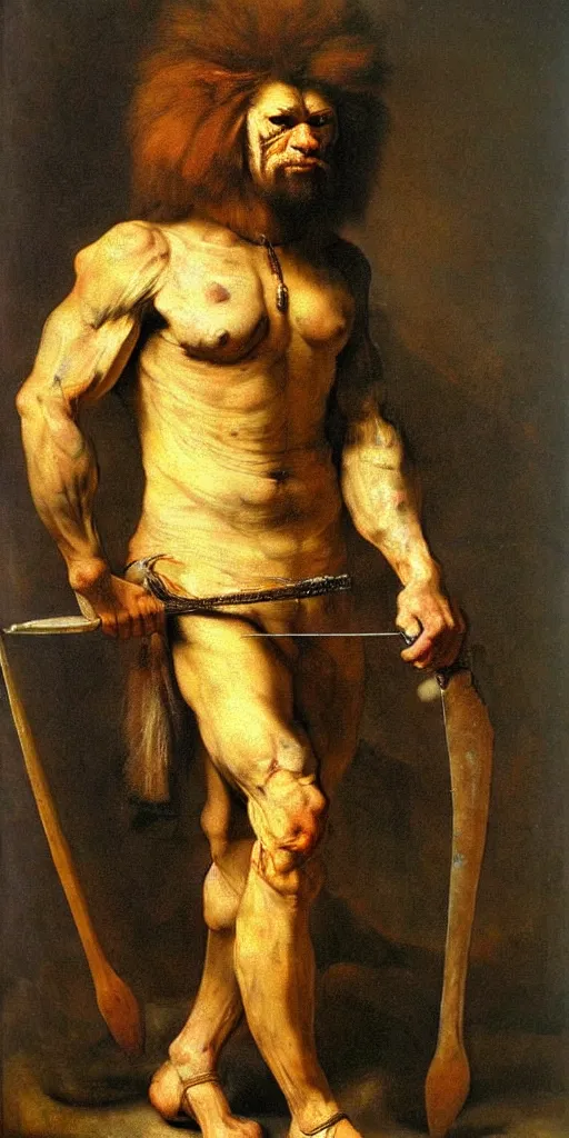 Prompt: muscular lion as barbarian hunter with scars full body human legs , very textured detailed oil painting by rembrandt