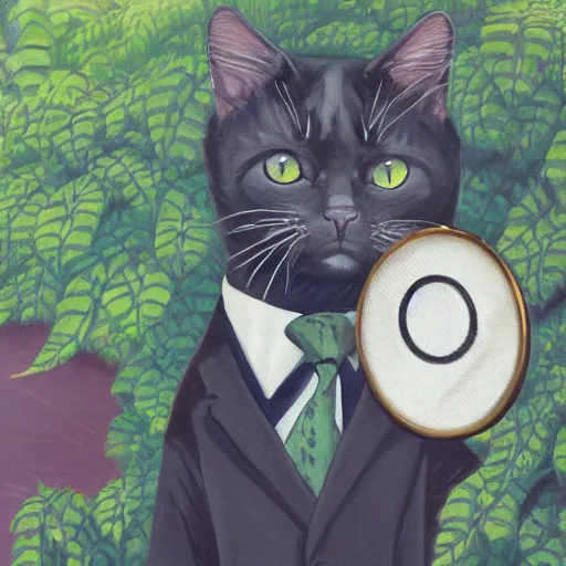 Image similar to a cat with a monocle and a suit in the style of wlop, portrait, overgrown by plants. this oil painting by the award - winning mangaka has interesting color contrasts, plenty of details and impeccable lighting