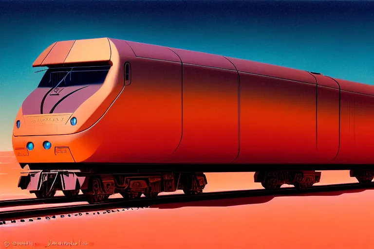 Prompt: a huge train car traveling through the desert, futuristic, fantasy, intricate, elegant, dramatic lighting, highly detailed, lifelike, photorealistic, artstation, concept art, smooth, sharp focus, illustration, art by syd mead and beksinski and john blanche and paul dainton