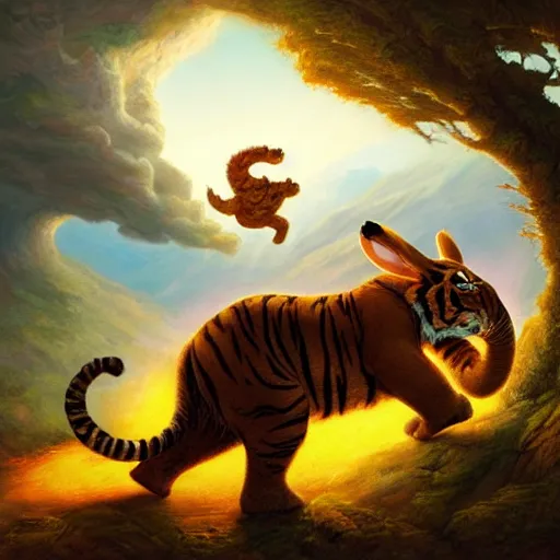 Prompt: tiger, rabbit and elephant running away from a volcano by justin gerard, deviantart