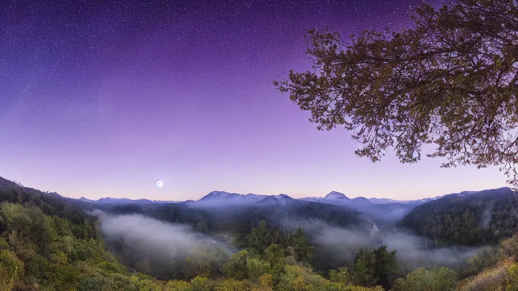 Image similar to Panoramic photo where the mountains are towering over the valley below their peaks shrouded in mist. The moon is just peeking over the horizon and the purple sky is covered with stars and clouds. The river is winding its way through the valley. The tree are a bright blue.