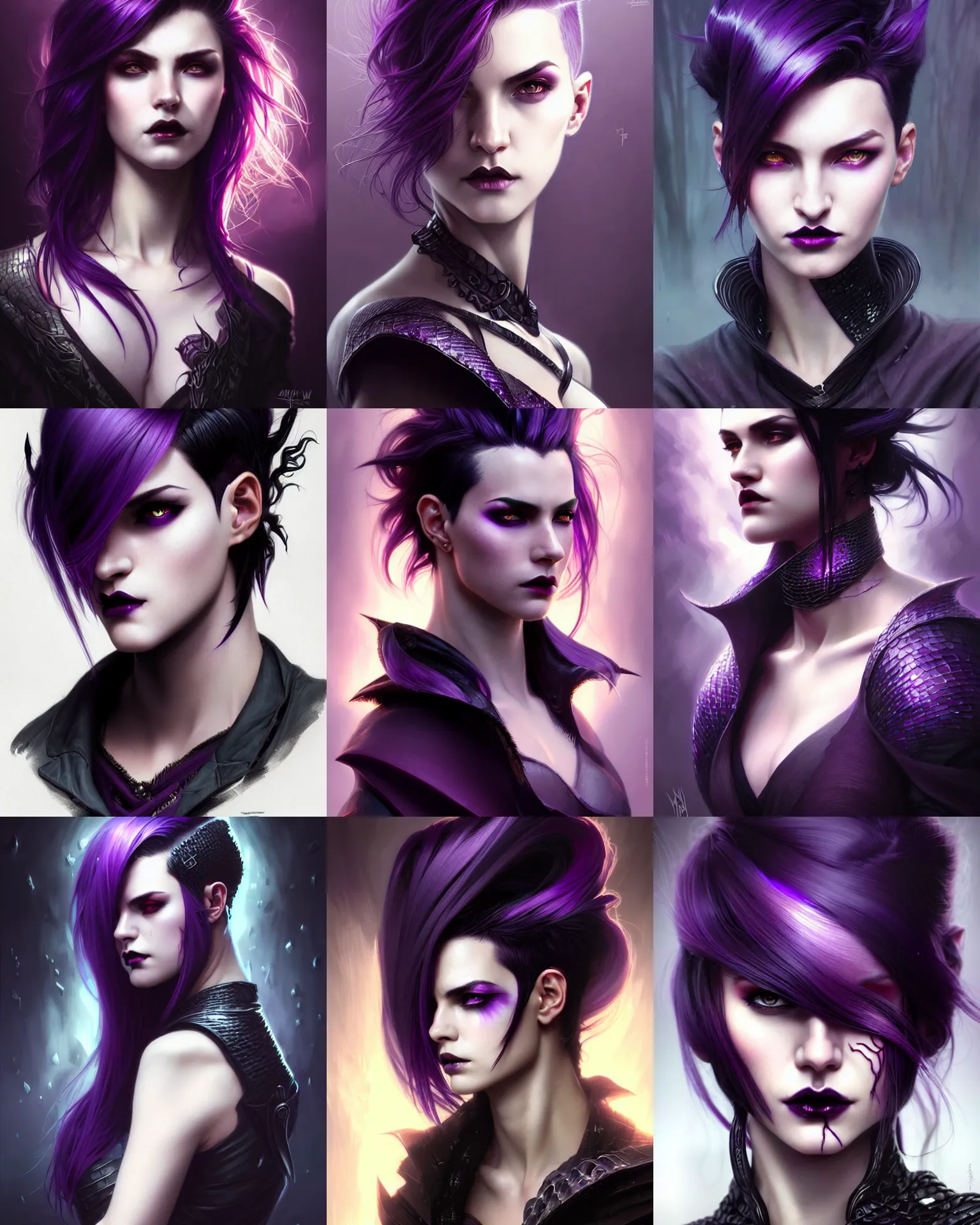Prompt: portrait rugged sexy girl, dark supervillain witch, dragon scales, fantasy magic, undercut hairstyle, long purple black fade hair, dark light night, intricate, elegant, sharp focus, illustration, highly detailed, digital painting, concept art, matte, art by WLOP and Artgerm and Greg Rutkowski and Alphonse Mucha, masterpiece