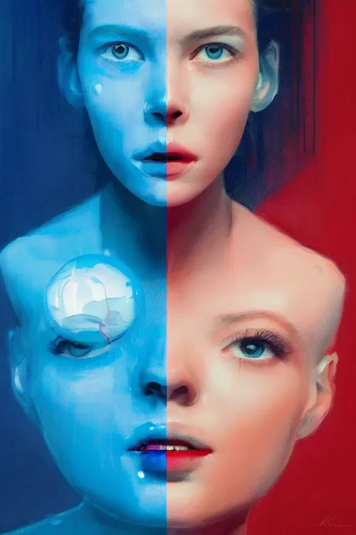 Image similar to 3 d, sci - fi, morning, stanley kubrick smiling fashion model face, blue faces, sun, cinematic, vogue cover style, poster art, light red and deep blue mood, realistic painting, intricate oil painting, high detail, figurative art, multiple exposure, poster art, 3 d, by tooth wu and wlop and beeple and greg rutkowski