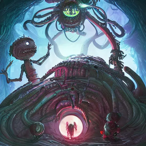 Prompt: Rick and Morty fused with Lovecraft Predator Vader cybernetic the thing the blob, fractal Lighting, by Stanley Artgerm Lau, WLOP, Rossdraws, James Jean, Andrei Riabovitchev, Marc Simonetti, and Sakimichan, trending on artstation