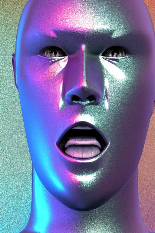 Image similar to 3d render of holographic angry human robotic screaming angry bust made of glossy iridescent, screaming, bust, surrealistic 3d illustration of a human non-binary, non binary model, 3d model human, cryengine, made of holographic texture, holographic material, holographic rainbow, concept of cyborg and artificial intelligence