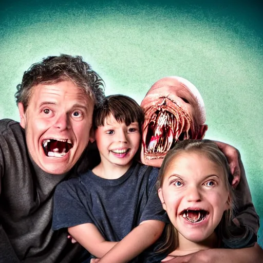 Image similar to family portrait studio of ugly family big rond eyes bad rotten teeth and smile, horrible scary family laughter by Cronenberg, mountain landscape background,, very detailed, grainy image