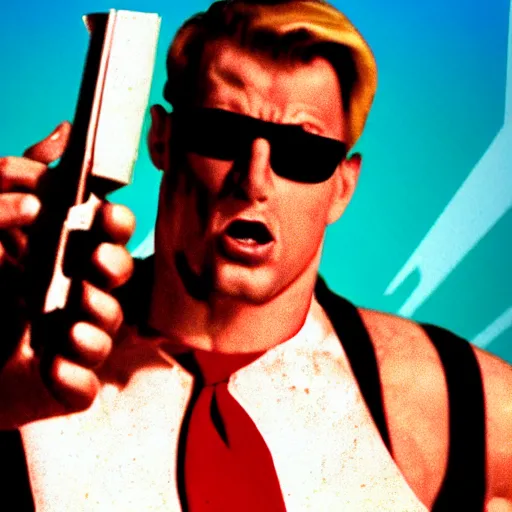 Image similar to duke nukem as the american psycho, staring intensely, duke nukem art style, explosive background, cinematic still