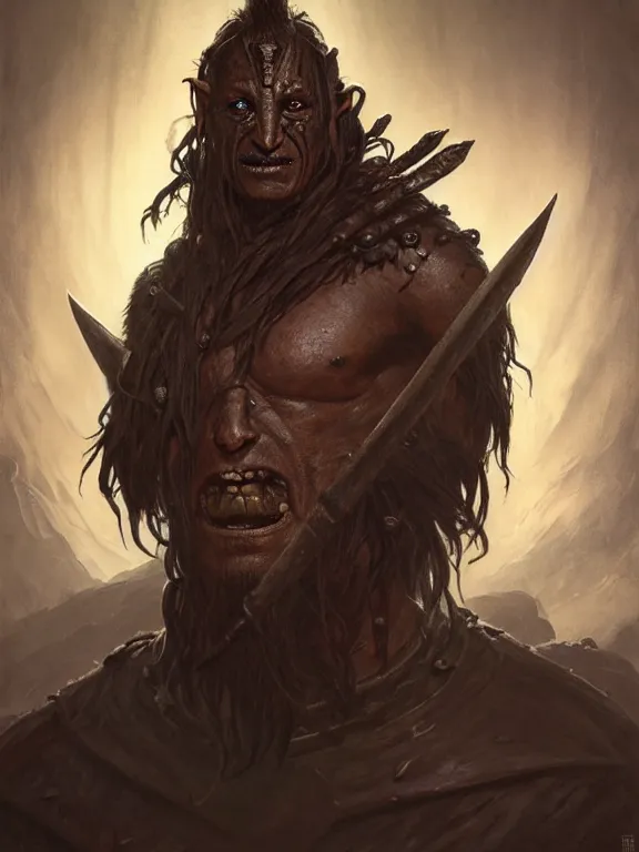 Prompt: portrait of sean penn as a black cavern orc, looking at camera, d & d, savage warrior, scale attire, aztec hair, large noses, intricate, fantasy, extremely detailed, digital painting, artstation, concept art, smooth, sharp focus, illustration, ambient lighting, art by artgerm and greg rutkowski and alphonse mucha and simon stalenhag