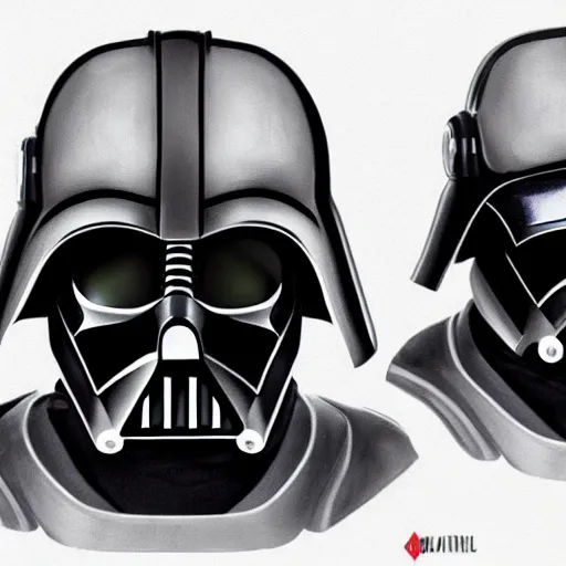 Image similar to a mix of darth vader's helmet and storm troopers helmet. concept art, trending on art station.