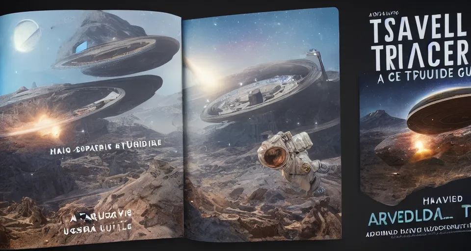 Image similar to a travelers guide to the galaxy, travel guide, space tourism, hard cover book, adventure, hyper realistic render, realistic, 8 k render, unreal engine 5 render