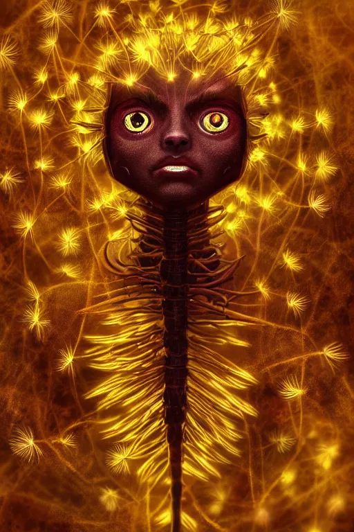 Image similar to a humanoid figure dandelion plant monster, amber eyes, highly detailed, digital art, sharp focus, ambient lighting, glowing, trending on art station, anime art style