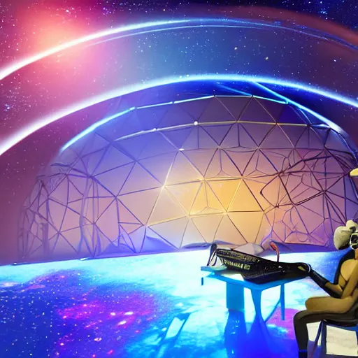 Image similar to a hyperrealistic 3D octane render of an elephant wearing virtual reality goggles, and playing a synthesizer keyboard, inside of a geodesic dome planetarium with planets and galaxies, trending on artstation, 8k, 4K, dramatic lighting, glowing, volumetric lighting, ray tracing, unreal engine