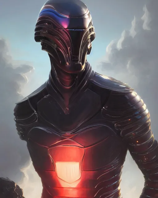 Image similar to iridescent sinewy smooth muscular male sleek glossy black pearlescent scifi armor with smooth black featureless helmet, by greg rutkowski and mark brookes and jim burns and tom bagshaw and magali villeneuve, trending on artstation