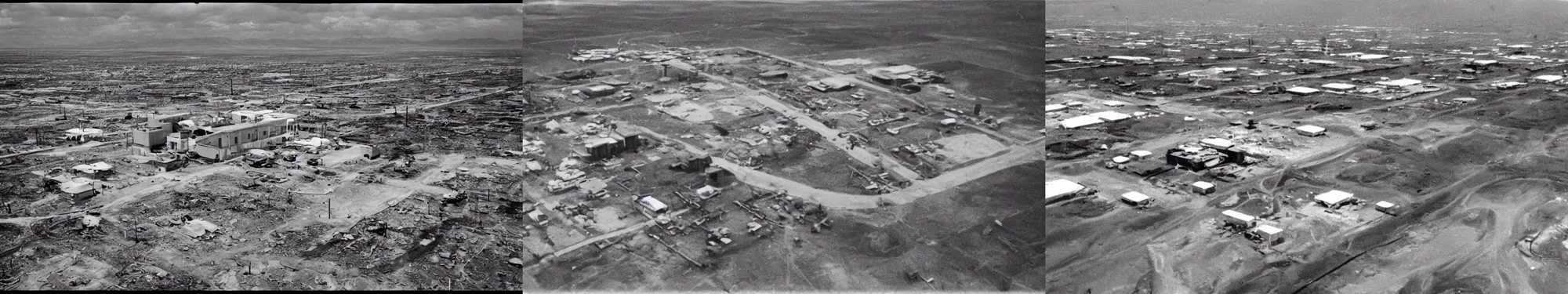 Prompt: Nuclear test site suburban neighborhood late 50\'s, eerie, grain film, depressing, nuke