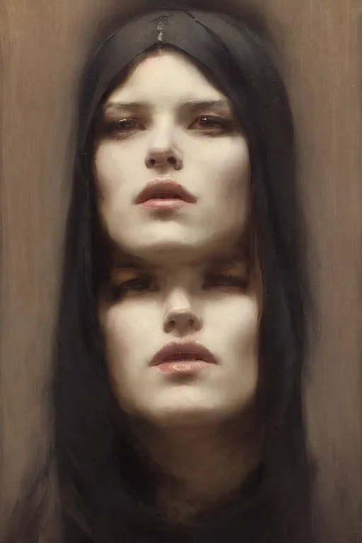 Image similar to Richard Schmid and Jeremy Lipking and Roberto Ferri full length portrait painting of a young beautiful evil fantasy priestess covered head in black except for face