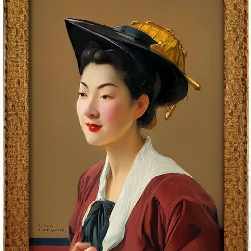 Prompt: woman wearing a chinese hat, by j. c. leyendecker