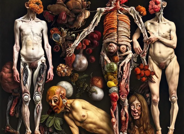 Prompt: human figures by arcimboldo in a dramatic poses, extra limbs, inside a grand ornate room, highly detailed, expressive, surrealism, dystopian, painting by jenny saville and charlie immer, artstation