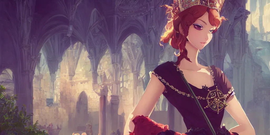 Image similar to portrait of elegant runette as a medieval royalty, medieval castle background, shallow focus, rich vivid colors, ambient lighting, dynamic lighting, 4k, official media, anime key visual, makoto shinkai, ilya kuvshinov, lois van baarle, rossdraws, detailed, trending on artstation