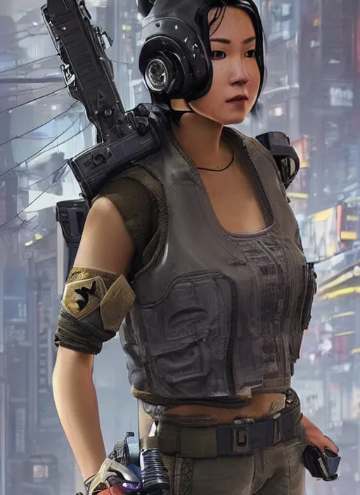 Image similar to Nikki tanaka. beautiful cyberpunk female USN marine wearing a military vest and combat gear. (Cyberpunk 2077, bladerunner 2049, apex legends, hl2, mgs, overwatch, blackops, rb6s). gorgeous face. Iranian orientalist portrait by john william waterhouse and Edwin Longsden Long and Theodore Ralli and Nasreddine Dinet, oil on canvas. Cinematic, hyper realism, realistic proportions, dramatic lighting, high detail 4k