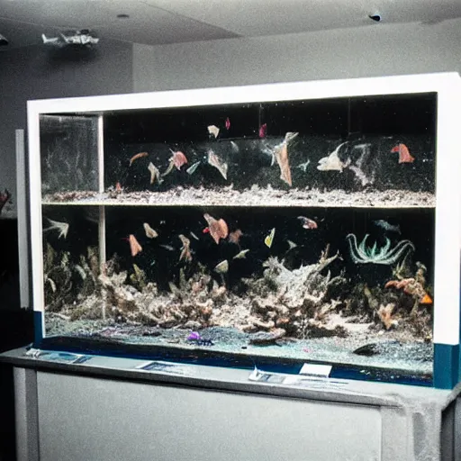 Image similar to spooky creepy liminal space, display case, aquatic exhibition science museum, dusty slightly cracked aquarium, computer screens, photo taken on fujifilm superia